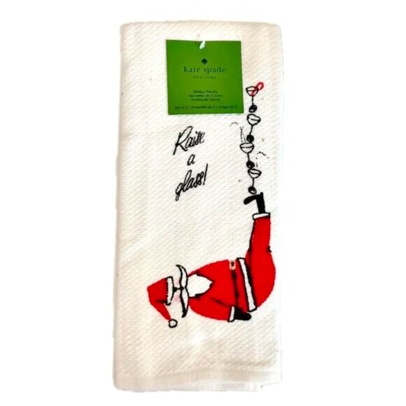 Kate Spade NY Santa Bottoms Up Raise A Glass Kitchen Dish Towels NWT - Picture 1 of 8